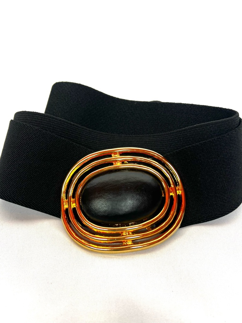 Vintage Wide Stretch Belt Gold Oval Buckle Black Elastic USA